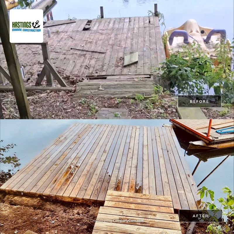 Before and after: the replacement kayak dock and access step at Johnson Pond