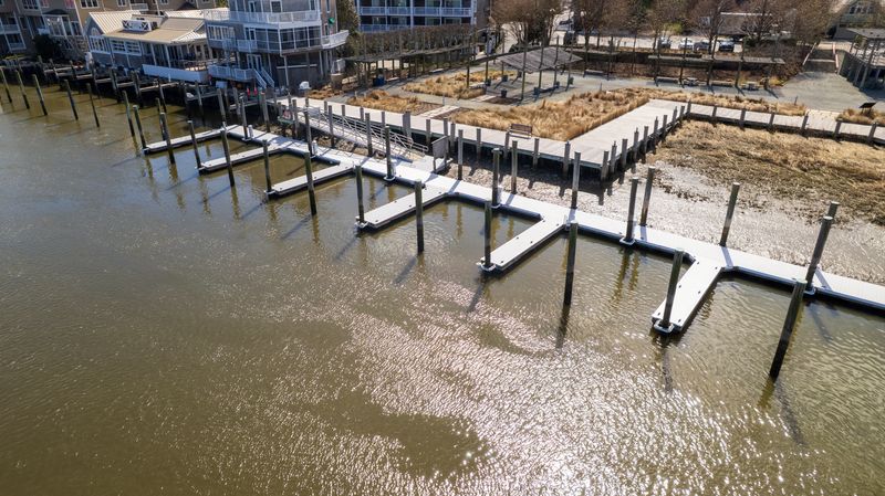 Aerial view of the Lewes Canalfront Park marina and floating docks