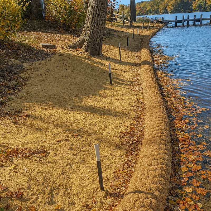 Coir bio-logs staked along the toe of a graded shoreline during installation.