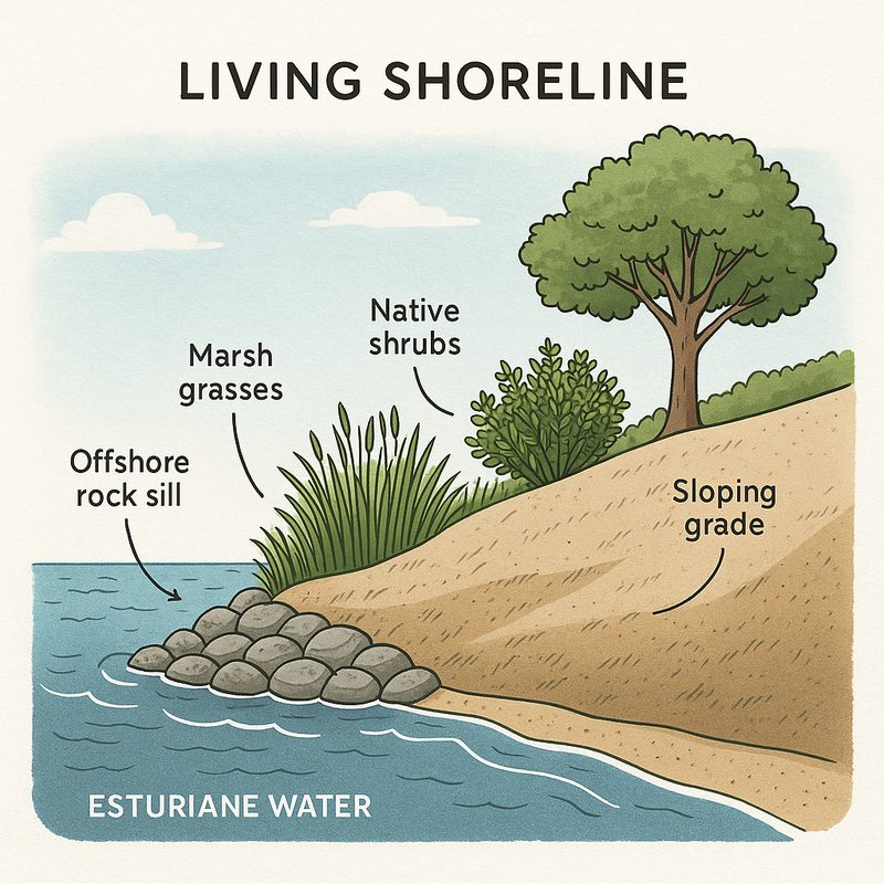 Diagram of a living shoreline: an offshore rock sill in the estuarine water, marsh grasses behind it, then native shrubs on a gently sloping grade.