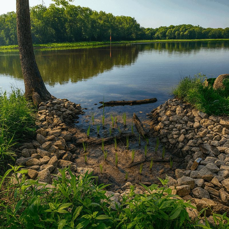 Illustration of a vegetated shoreline with stone along a quiet cove.