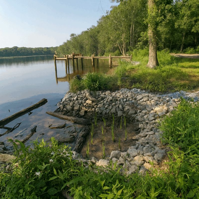 Illustration of a planted shoreline sheltered behind a low stone sill.