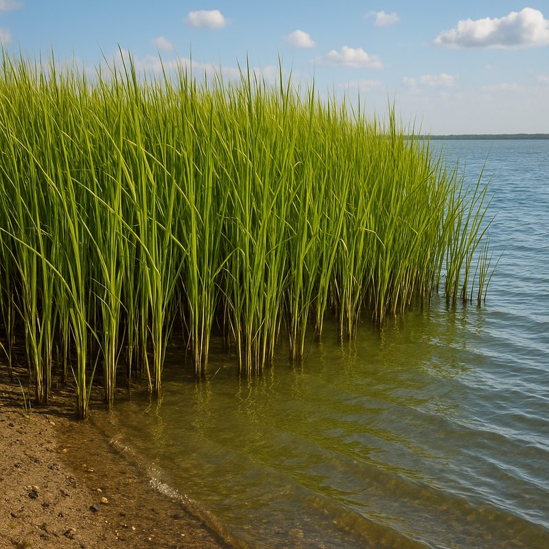 Smooth cordgrass (Spartina alterniflora) growing thickly along a shoreline.